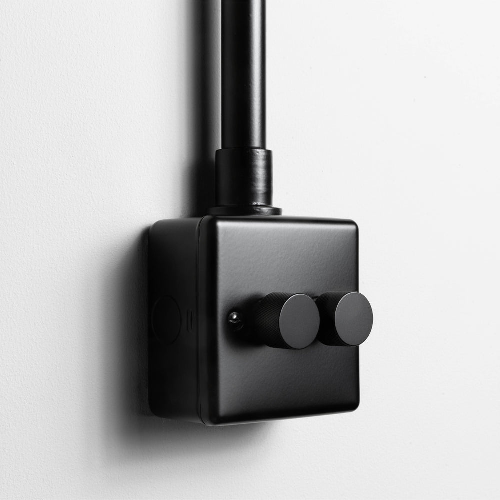 Matt Black 2 Gang 2 Way LED Dimmer Switch With Back Box And Conduit A Light Grey Background