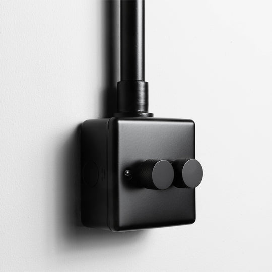 Matt Black 2 Gang 2 Way LED Dimmer Switch With Back Box And Conduit A Light Grey Background
