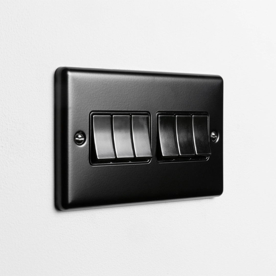 Matt Black 6 Gang 2 Way Switch With Black Insert On Light Grey Background