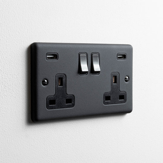 Textured Black Double Socket With USB